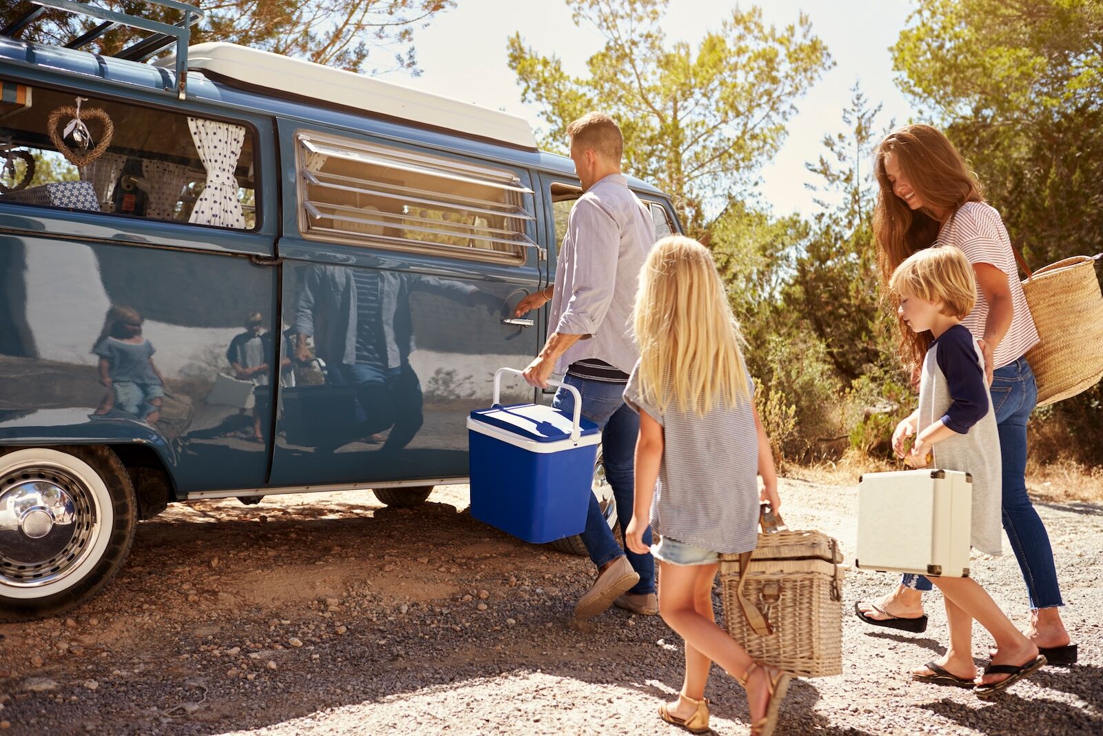 family loading into a vintage van