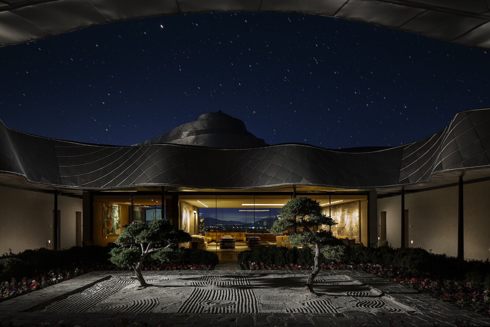 zen garden at VIK Chile at night