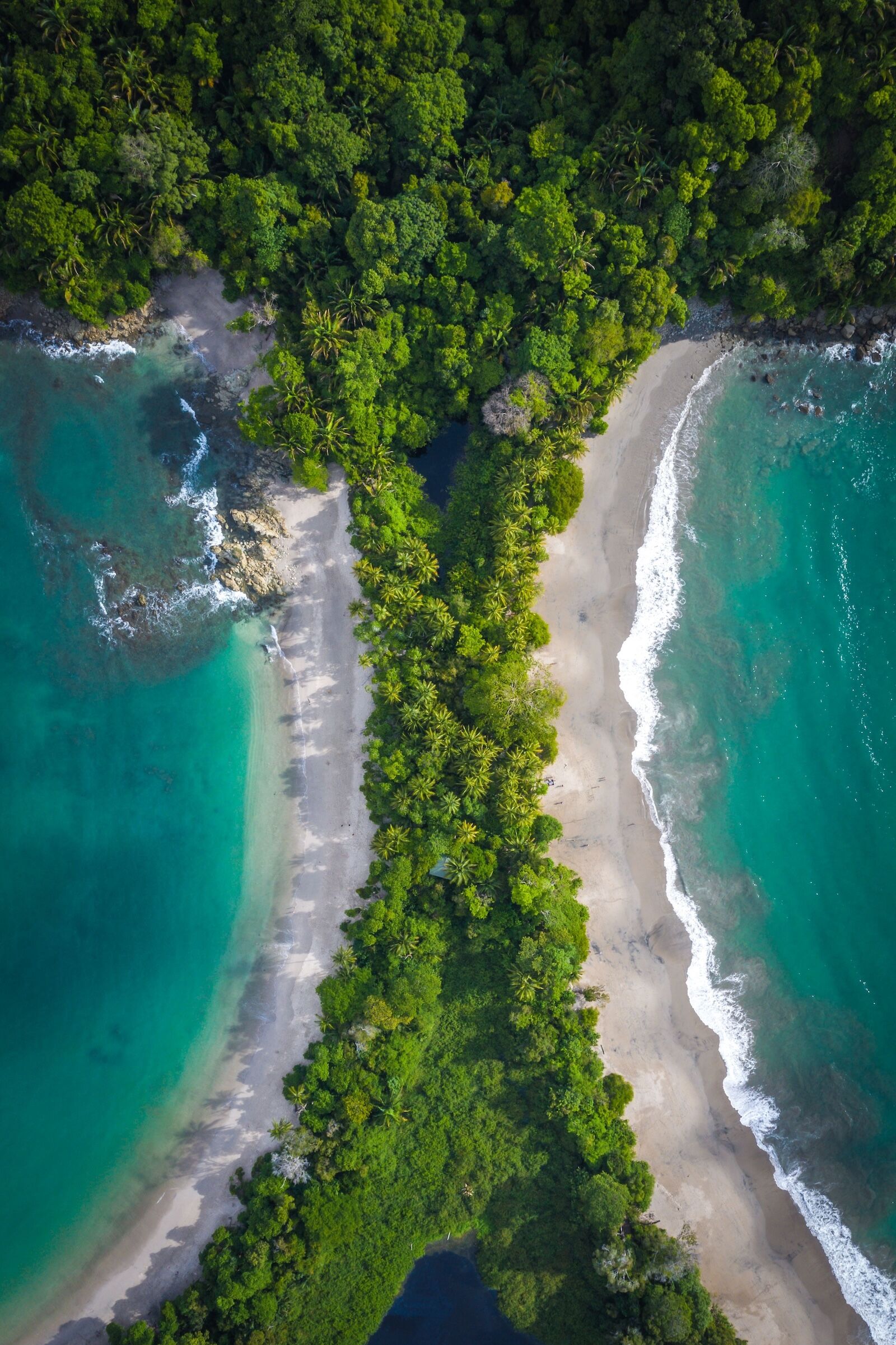 A vertical aerial view of the shore of Manuel Antonio, Costa Rica