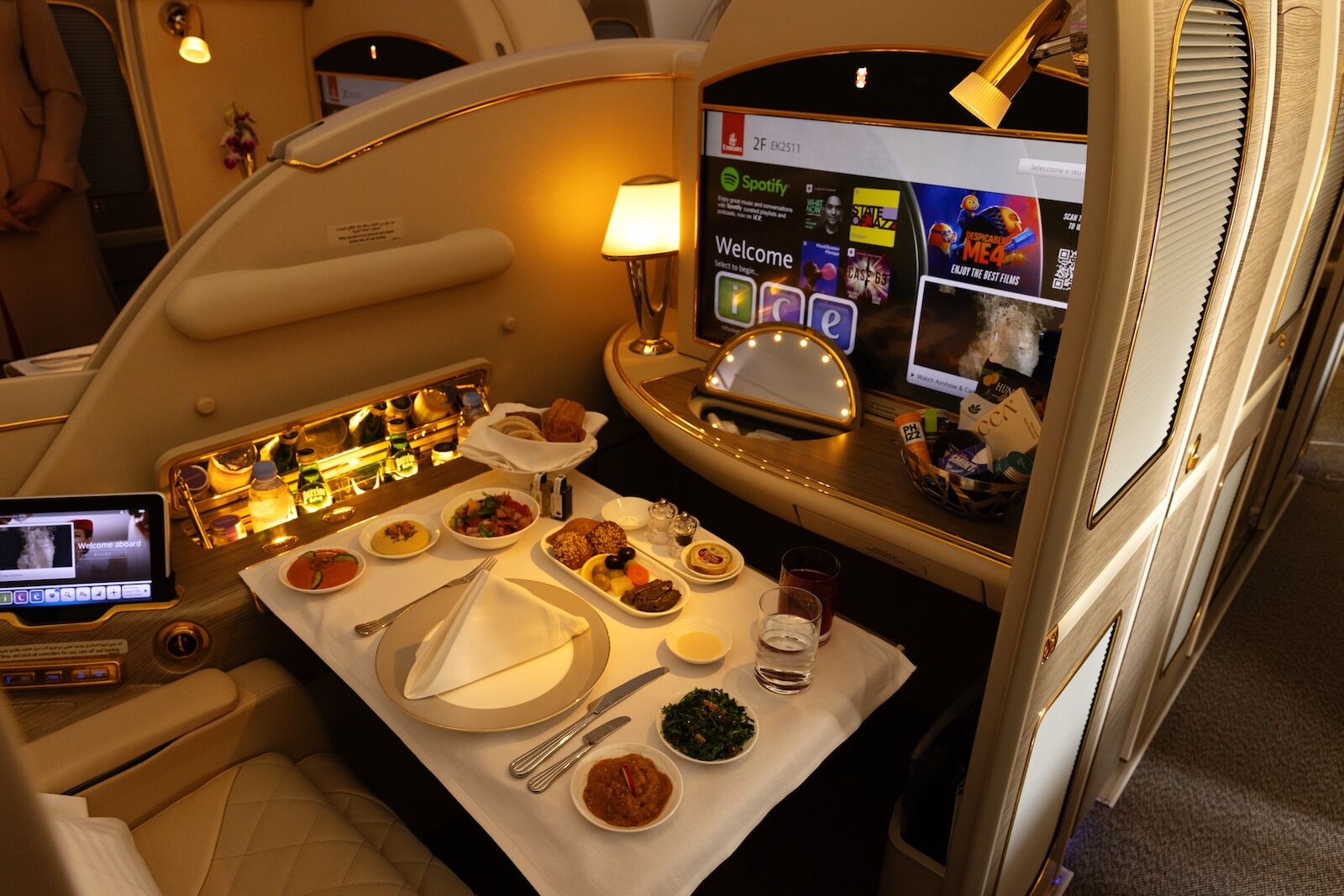SAKHIR, BAHRAIN - NOVEMBER 13: Static display of Emirates A380 showing the business class cabin in Bahrain International Airshow at Sakhir Airbase, Bahrain on 13 November, 2024