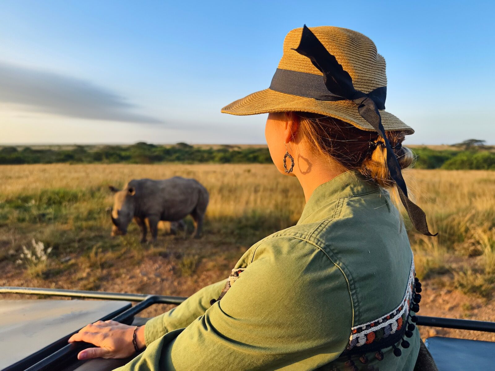Rear view of a girl looking at elephants from a safari jeep in the savannah in the national park.