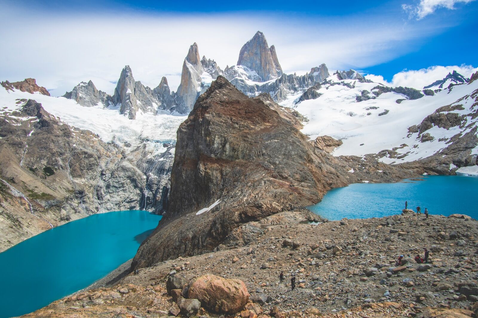 Magnificent landscape of Laguna de los Tres and Laguna Sucia at the foot of the imposing Fitz Roy. A landscape you can enjoy after a few hours of hiking on green trails.