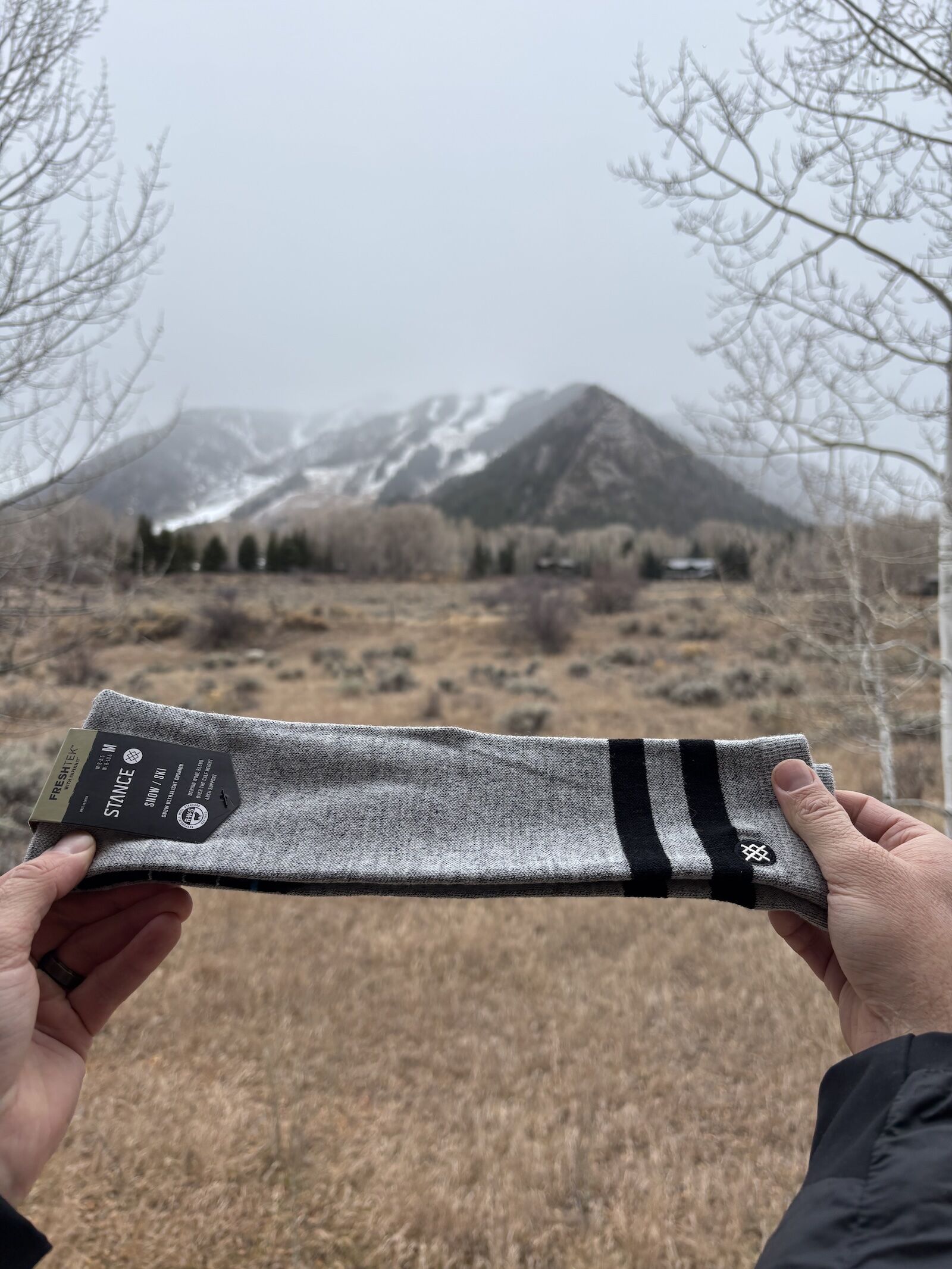 stance ski socks in front of mountain