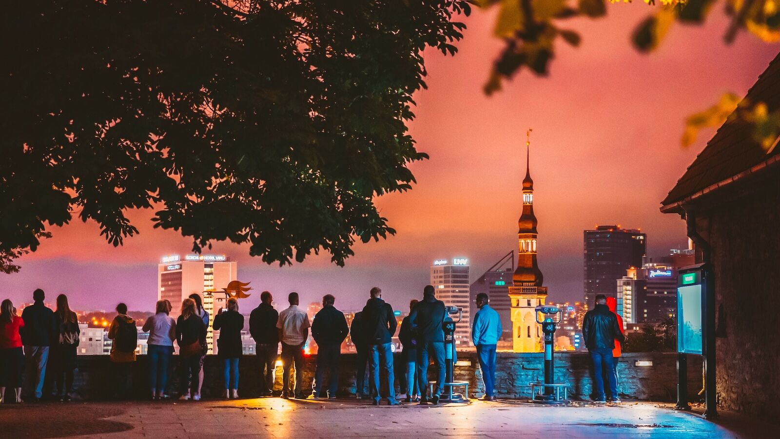 Tallinn, Estonia - July 2, 2019: People Visiting Kohtuotsa Viewing Platform. Cityscape Skyline At Summer Night. View From Patkuli Viewpoint.