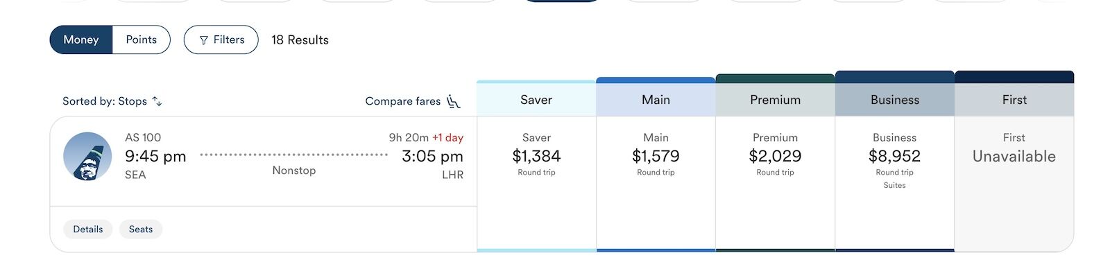 alaska new business class - fare chart