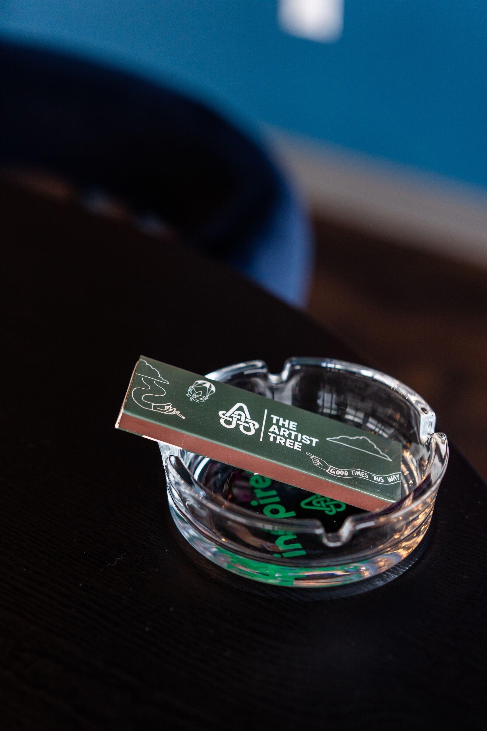 ash tray and rolling papers at the artist tree hawthorne cannabis ounge