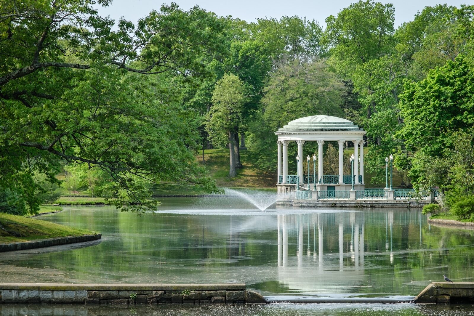 Roger Williams Park Roosevelt Lake bandstand and fountain in Providence Rhode Island, USA