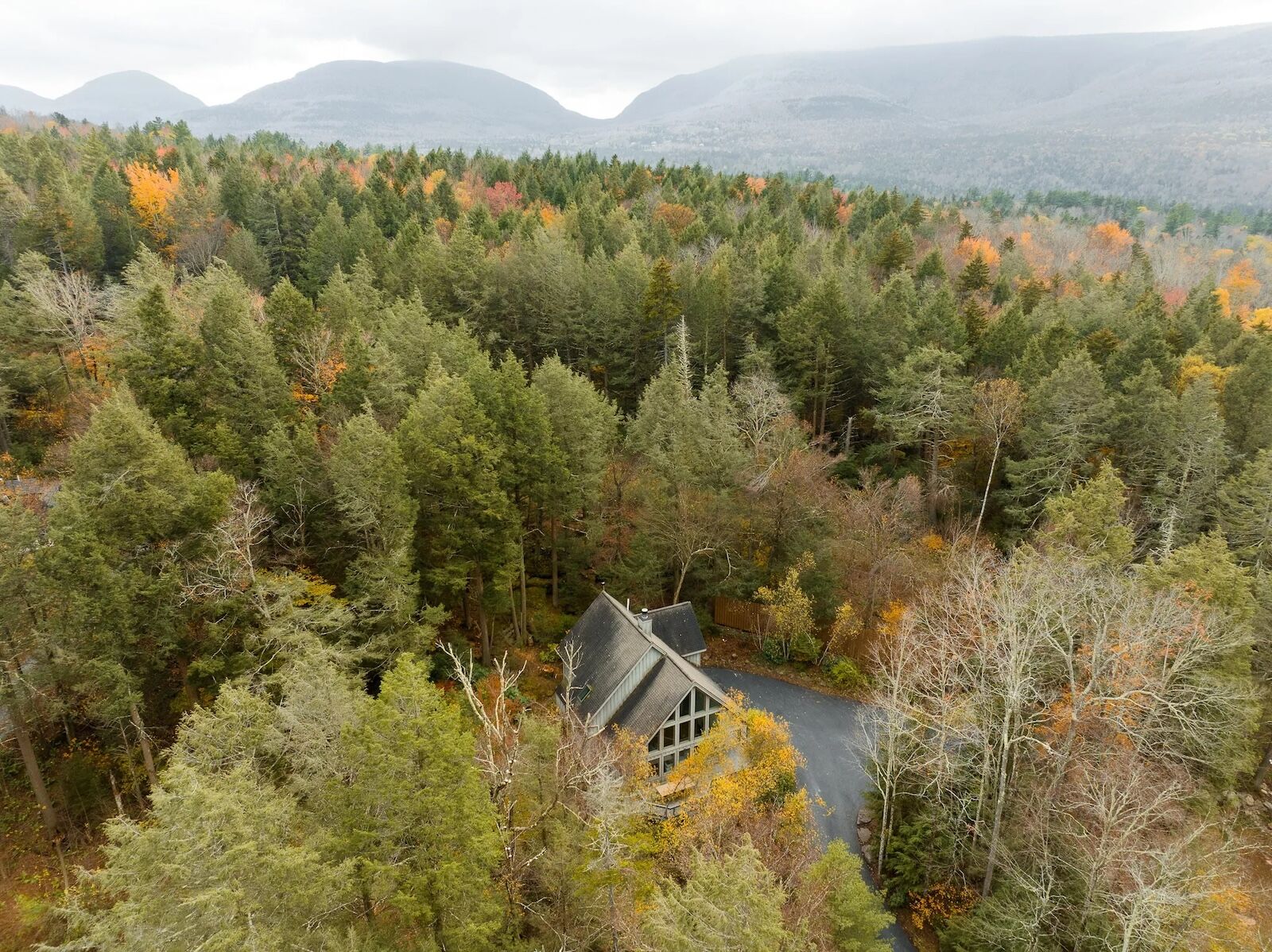 aerial shot of airbnb house in the woods