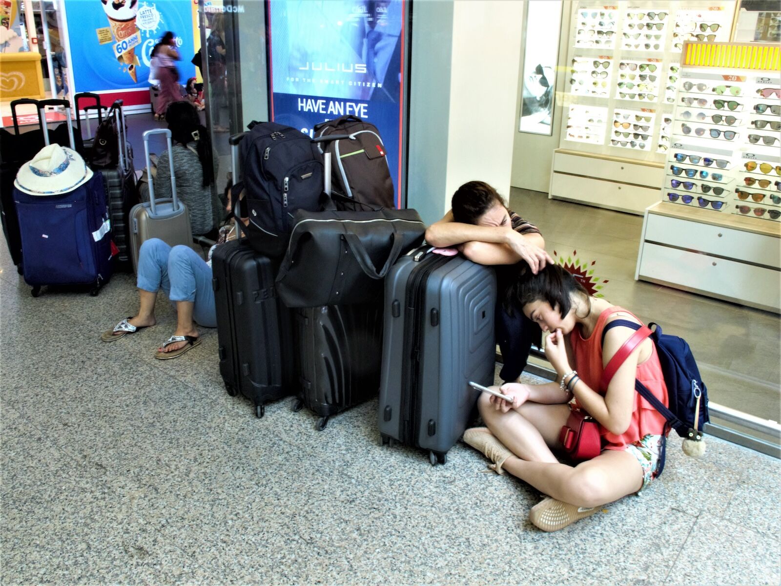 frustrated travelers at airport