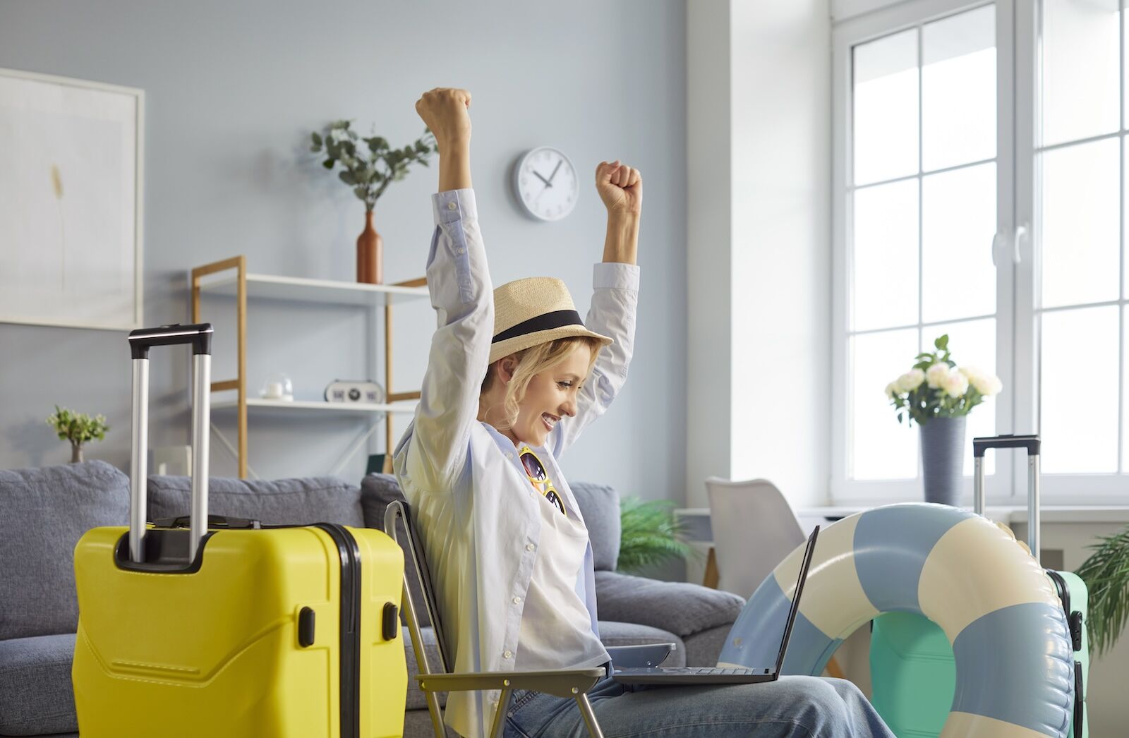 happy woman booking travel