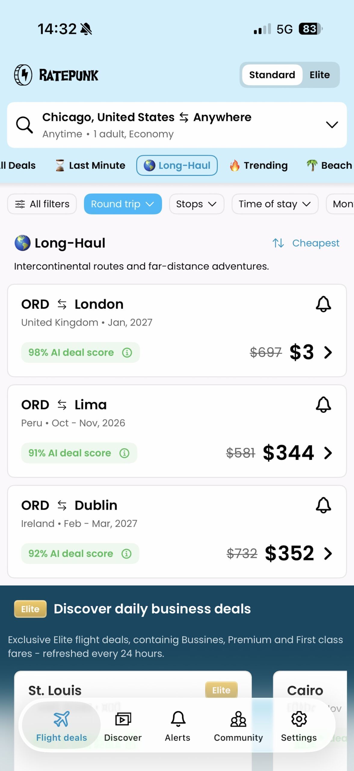 screenshot of ratepunk flight deals