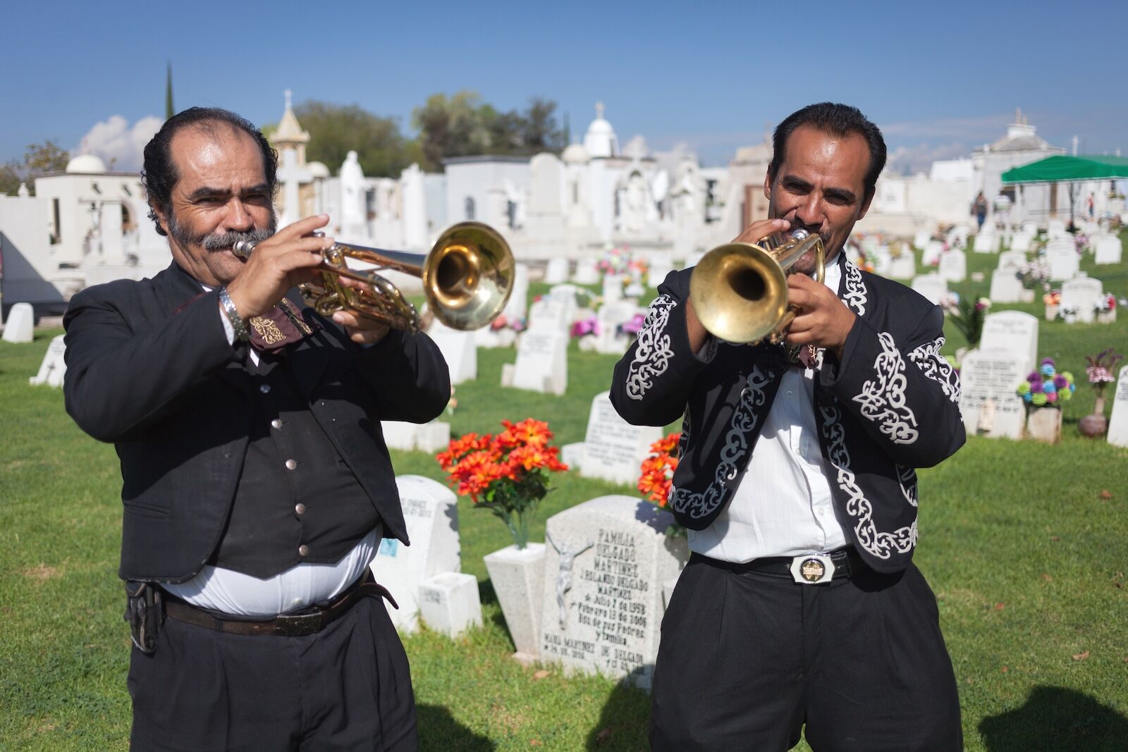 trumpet players in cematery